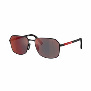 Gafas de sol Prada Linea Rossa hechas en metal negro con lentes mirror grey: diseño deportivo-elegante y ajuste ergonómico.