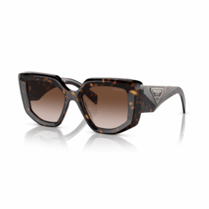 Gafas de sol Prada hechas en acetato tortoise con lentes degradado marrón: diseño elegante, forma irregular y estilo sofisticado.