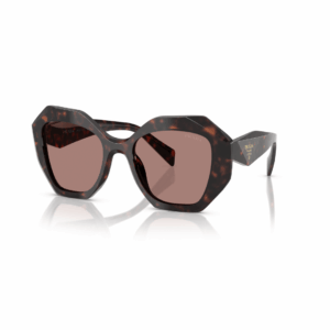 Gafas de sol Prada hechas en acetato root tortoise con lentes marrón claro degradado: diseño irregular con carácter, ajuste cómodo y estilo refinado.